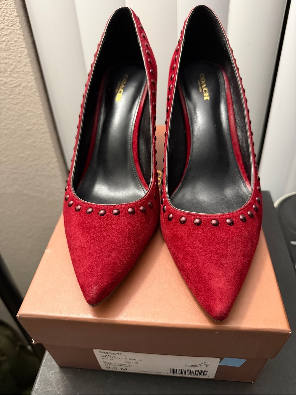 Coach Red Suede Studded Pointed-Toe Pumps